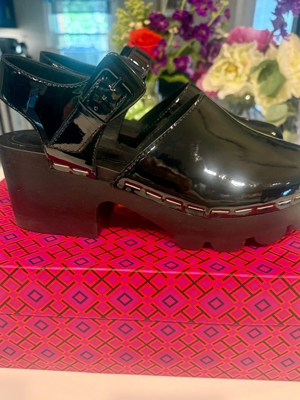 Tory Burch Black Patent Platform Mary Jane Clogs